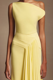 Paulina Oblique Shoulder Sleeveless Folds Yellow Midi Dress